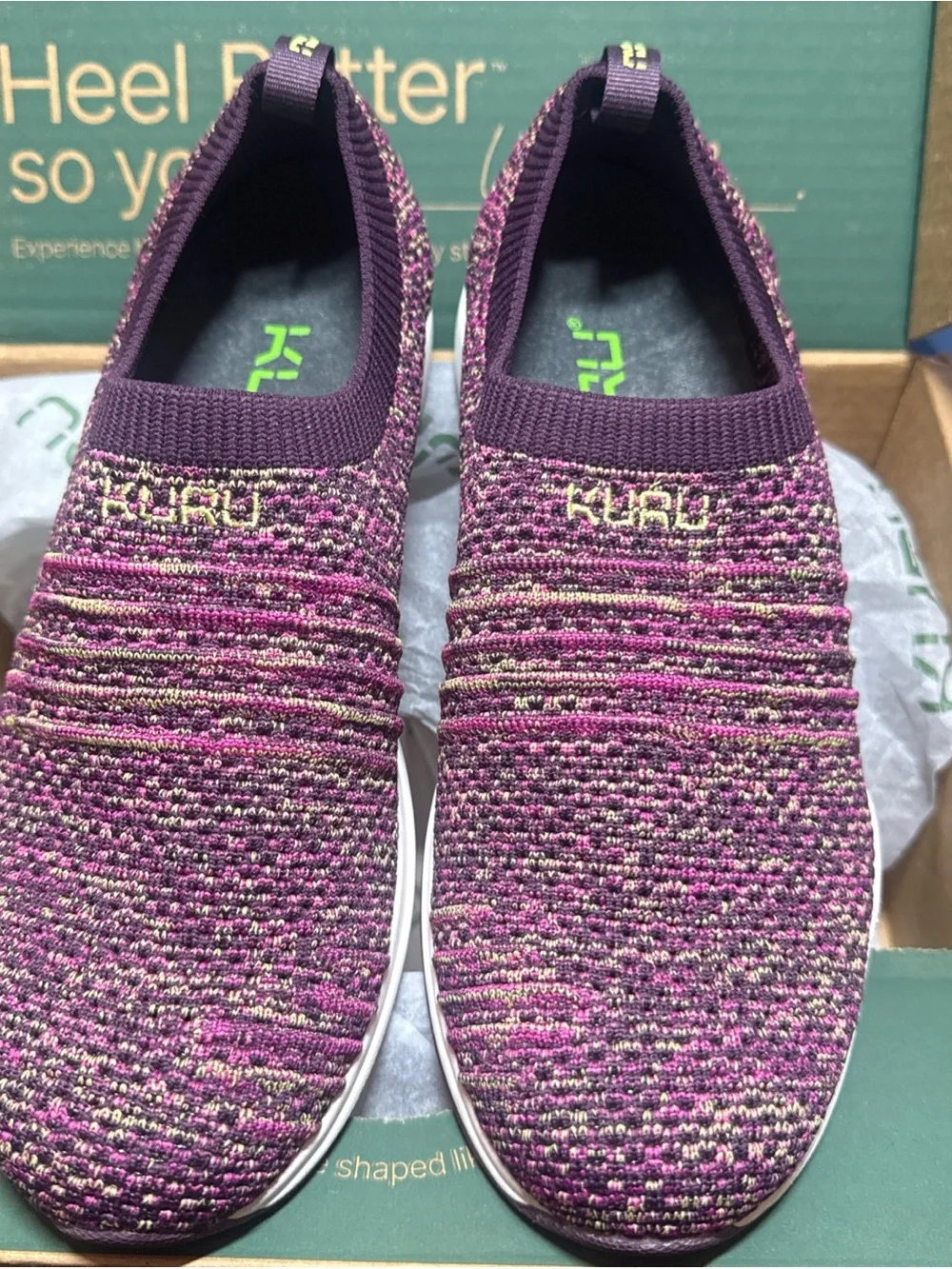 KURU Stride Women’s 9.5Slip-On Knit Sneakers in Purple with Pink & Black Accents